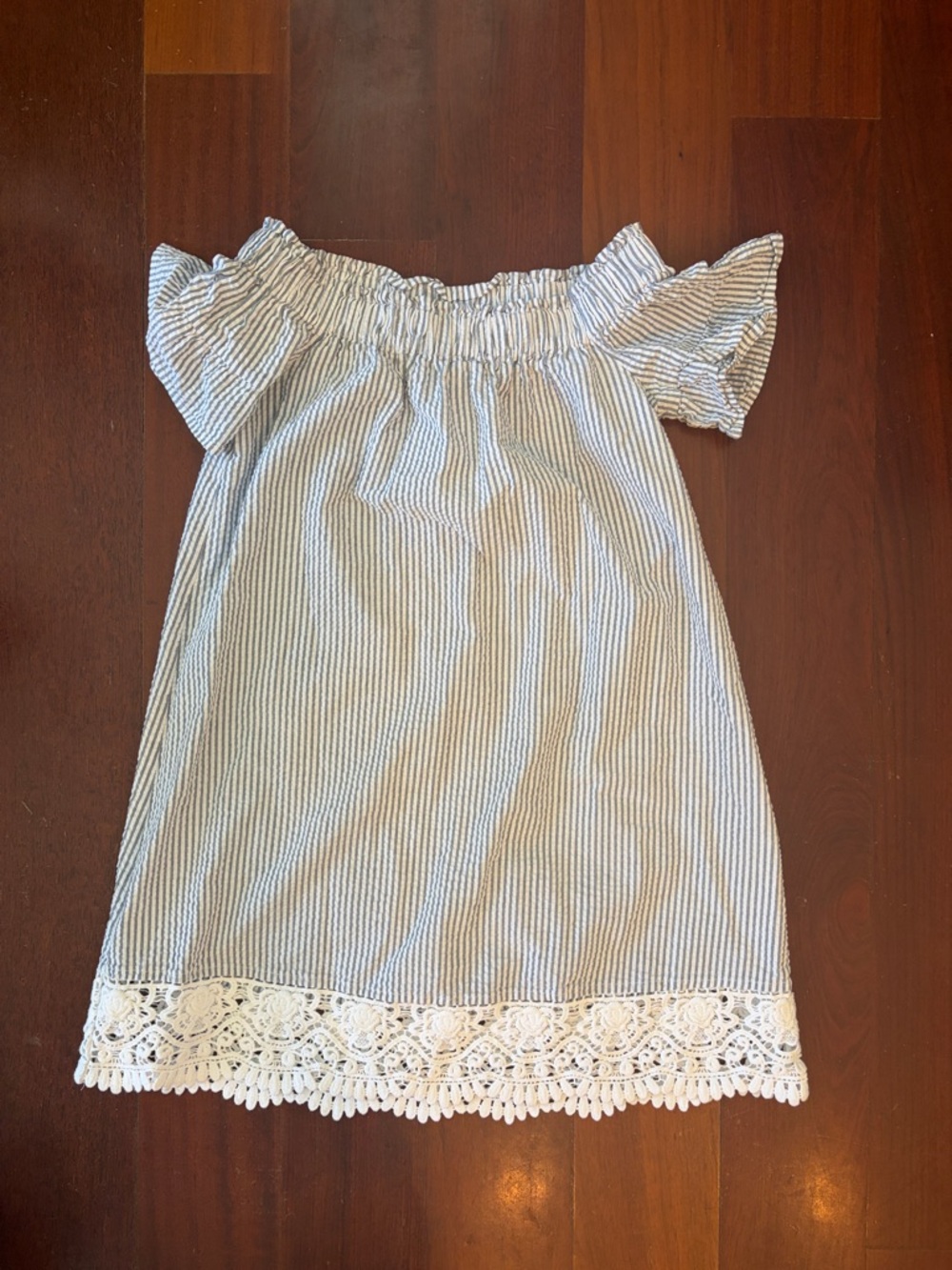 LOFT Blue and White Striped Off-Shoulder  Beach Cover Up with Lace Trim